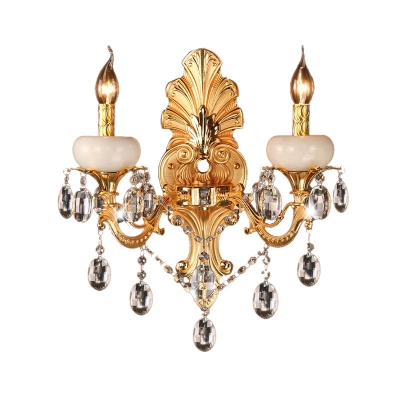 Heads Candelabra Sconce Light Traditional Gold Metal Wall Mount Light with Crystal Drop