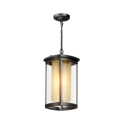 Industrial Rectangle Hanging Ceiling Light Double Glass Shade 1 Light Outdoor Pendant Light for Courtyard