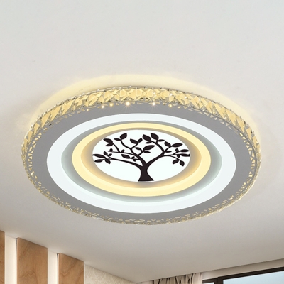 LED Crystal Flush Mount Lighting Fixture Simple White Tree/Mountain/Crane Living Room Close to Ceiling Light