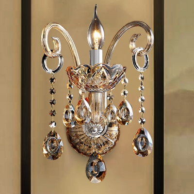 Modern Candle Wall Lamp Amber Glass 1/2 Heads Living Room Sconce Light with Crystal Drip Accent