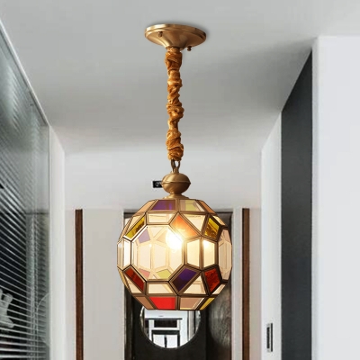 Multi-Color Glass Brass Finish Pendant Faceted Disco Ball 1 Bulb Colonial Ceiling Lamp