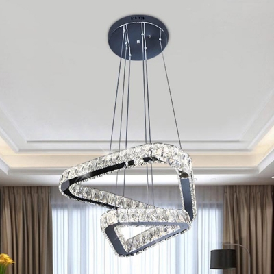 Nickel LED Drop Pendant Light Simple Crystal Triangle Hanging Chandelier for Living Room