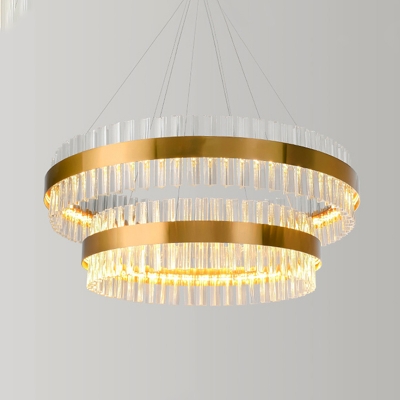Postmodern Circle Chandelier Light Tri-Sided Crystal Rod Living Room LED Hanging Lamp, 23.5