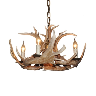 Resin Wood Pendant Lamp Candle 4 Lights Classic Chandelier Light Fixture for Dining Room with/without Shade