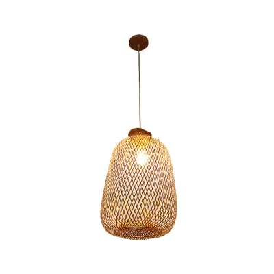 Single Light Handwoven Hanging Lamp Asian Style Height Adjustable Bamboo Ceiling Pendant Light