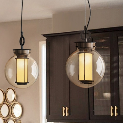 Tan Glass Globe Pendant Light Fixture Antique Style 1 Head Hanging Lamp Kit with Inner Cylinder Glass Shade