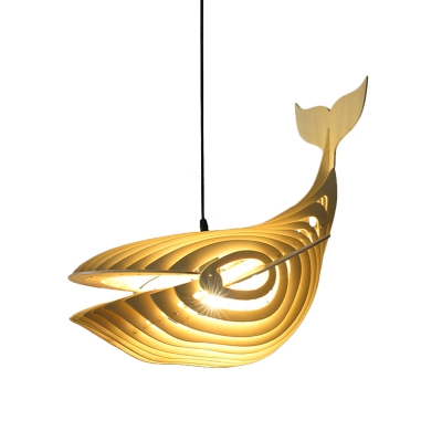 Whale Hanging Lamp Contemporary Nordic 1 Light Wooden Pendant Lighting for Staircase