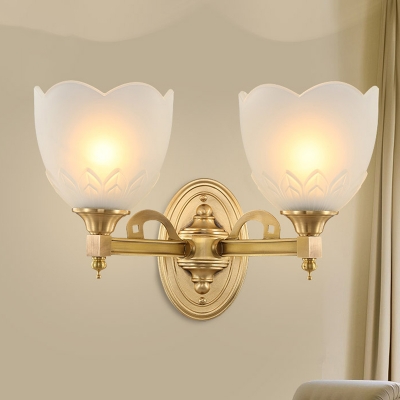 1/2-Bulb Scalloped Wall Lamp Classic Stylish Frosted Glass Sconce Lighting with Golden Metal Arm
