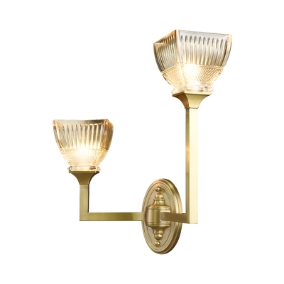 1/2 Heads Sconce Light Modernist Torch Prismatic Glass Wall Lamp with Upright Gold Arm
