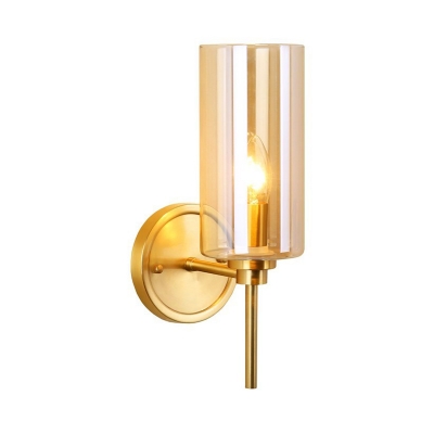1 Bulb Clear Glass Wall Sconce Lighting Colonial Brass Cylindrical Indoor Wall Light Fixture