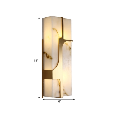 2-Light Flush Wall Sconce Colonial Living Room Wall Light Fixture with Rectangular Marble in Brass
