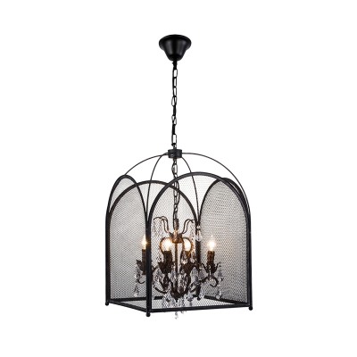 4 Lights Candle Hanging Pendant Light Rustic Black Metal Chandelier Lamp for Living Room with Crystal Deco