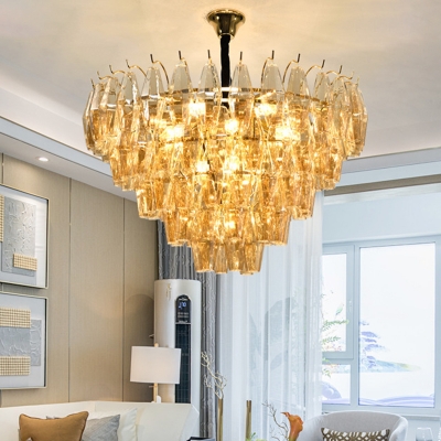 Amber Glass Tapered Chandelier Light Postmodern 7/9 Heads Hanging Lamp Kit for Living Room
