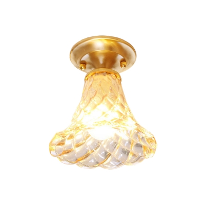 Brass 1 Head Flush Light Colonialism Clear Ribbed Glass Bell/Bowl Ceiling Fixture for Corridor, 6.5