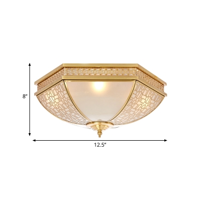 Brass 3 Lights Flush Mount Fixture Colonialism Frosted White Opal Glass Bowl Ceiling Mounted Light for Bedroom
