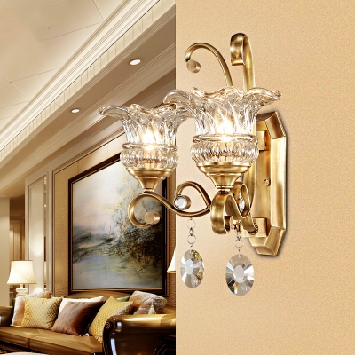Brass Floral Shape Sconce Light Modern 1/2 Heads Clear Glass Wall Mounted Light with Crystal Accent