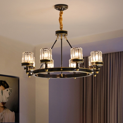 Clear Crystal Cylinder Chandelier Light Fixture Modern 5/6/8 Heads Black Hanging Lamp for Living Room