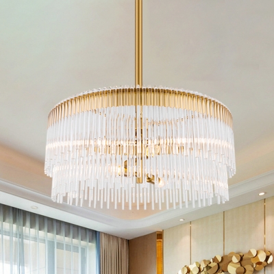 Clear Crystal Pipe Hanging Chandelier Contemporary 6 Lights Ceiling Pendant Light in Brass Finish for Living Room