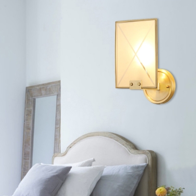 Colonial Rectangle Wall Light 1 Head White Glass Wall Sconce Lighting in Brass for Bedroom