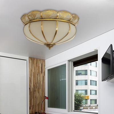 Colonialism Bowl Ceiling Mount Light Fixture 5 Bulbs Milk Glass Flush Mount Chandelier in Brass for Bedroom