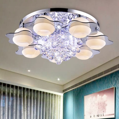 Contemporary Floral Ceiling Light Faceted Crystal Ball 3/5/7 Heads Bedroom Flush Light with Gray Glass Shade in Warm/White Light