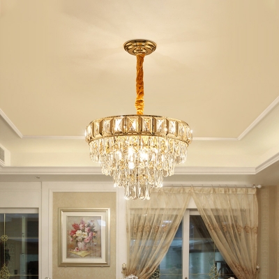 Crystal 5-Tier Chandelier Lamp Simple 6/9-Light Golden Hanging Light for Dining Room