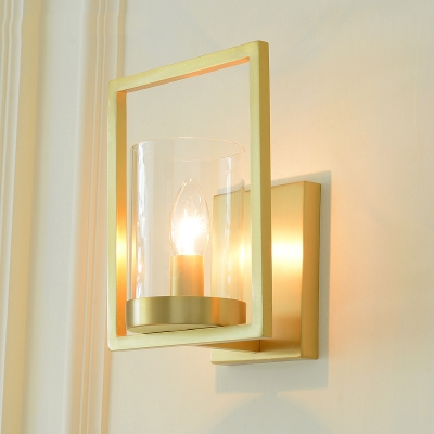 Cylinder Living Room Wall Sconce Colonialism Clear Glass 1-Light Brass Wall Lighting Fixture