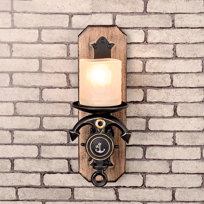Cylinder Wall Mount Lamp Lodge Style Frosted Glass 1/2-Head Black and Gold Sconce Lighting with Anchor Design