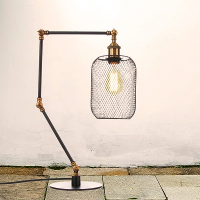 Cylindrical Table Lamp Farmhouse Metallic 1 Light Black/Brass Finish Adjustable Table Lighting with Mesh Screen