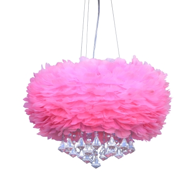 Dome Pendant Light Fixture Contemporary Feather 3 Lights Pink Chandelier Lamp with Crystal Draping