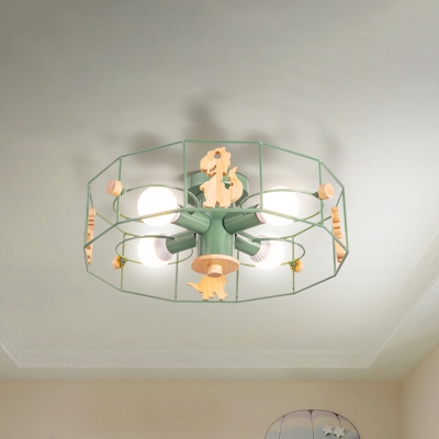 Drum Cage Shade Semi Mount Lighting Cartoon Metal 4 Lights Ceiling Lamp with Dinosaur Decoration in Green Finish