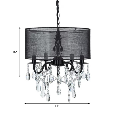 Fabric Shaded Round Hanging Chandelier Traditional 5 Lights Black Pendant Light Fixture with Teadrop Crystal Accent