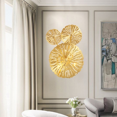 Golden Etched Lotus Leaf Wall Mount Lamp Asian Style Brass 3/6/7 Heads Wall Light Sconce