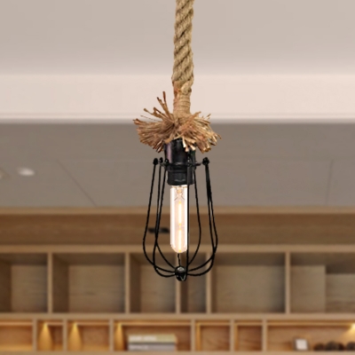Industrial Bulb-Shaped Hanging Lamp Metal and Rope 1 Head Indoor Pendant Light with Wire Cage Shade in Black