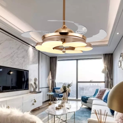 LED Bedroom Semi Flush Light Gold Ceiling Fan Lamp with Flower Acrylic Shade, Wall/Remote Control/Frequency Conversion