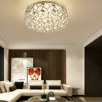 LED Round Flush Mount Lighting Modern Style Chrome Crystal Flushmount Light for Corridor with Leaf Deco