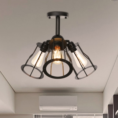 Metal Caged Semi-Flush Mount Light Farmhouse Style 3 Bulbs Black Semi Mount Lighting for Living Room