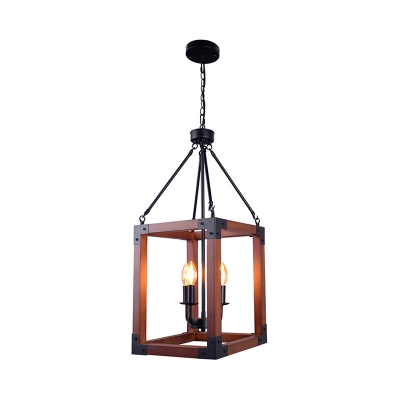 Metal Dark Wood Hanging Pendant Candle 4 Lights Classic Ceiling Chandelier with Square Frame