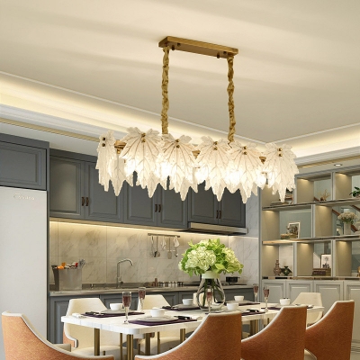 Modernist Rectangle Island Chandelier White Leaf-Shaped Glass 5 Heads LED Dining Room Hanging Light