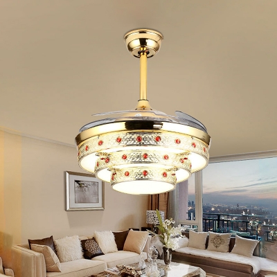 Modernity LED Fan Lighting Steel Gold Carved Layer Semi Flush Light with Remote Control/Wall Control/Frequency Conversion