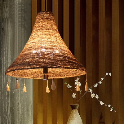 Rattan Flared Hanging Ceiling Light with Tassel Accents Chinese Style 1 Bulb Pendant Lamp for Restaurant