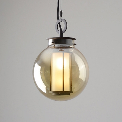 Tan Glass Globe Pendant Light Fixture Antique Style 1 Head Hanging Lamp Kit with Inner Cylinder Glass Shade