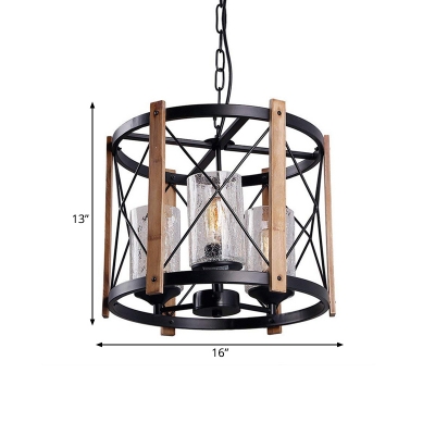 Vintage Cylinder Pendant Lamp 3 Lights Crackle Glass Chandelier Lighting in Black with Cage