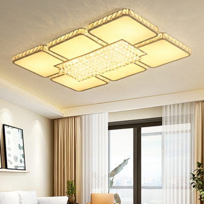 White Square Flush Mount Lighting Modern Style Crystal LED Living Room Ceiling Fixture in White/Warm Light