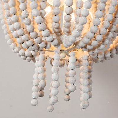 Wooden Beaded Bowl Shape Ceiling Pendant French Style 4 Lights Living Room Chandelier Lamp in White