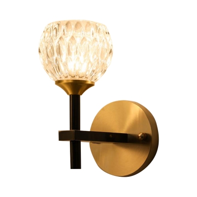 1/2-Bulb Living Room Wall Mounted Lamp Modern Black/Gold Finish Wall Light with Dome Clear Dimpled Glass Shade