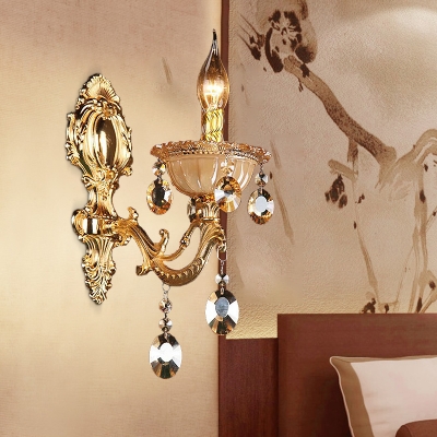 1 Head Sconce Light Traditional Candle Metal Wall Mount Light in Brass with Faceted Crystal Drop