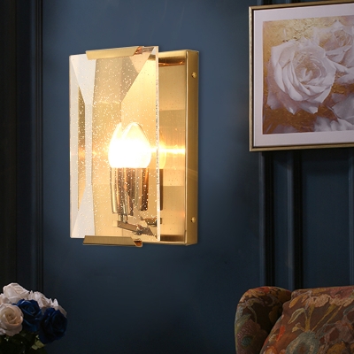 1 Head Wall Sconce Light Minimal Rectangle Clear/Frostwork Crystal Pane Shade Wall Light with Black/Brass Backplate