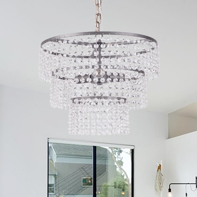 3 Tiers Round Hanging Lamp Metal and Crystal Triple Light Country Style Chandelier Lighting in Matte Black