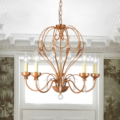 5/6 Lights Ceiling Light Traditional Candle Metal Hanging Chandelier in Brass for Dining Room with Crystal Draping